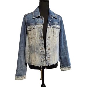 A Loves A 2 Tone Ombre' Dark Light Wash Raw Frayed Hem Button Up Denim Jacket M